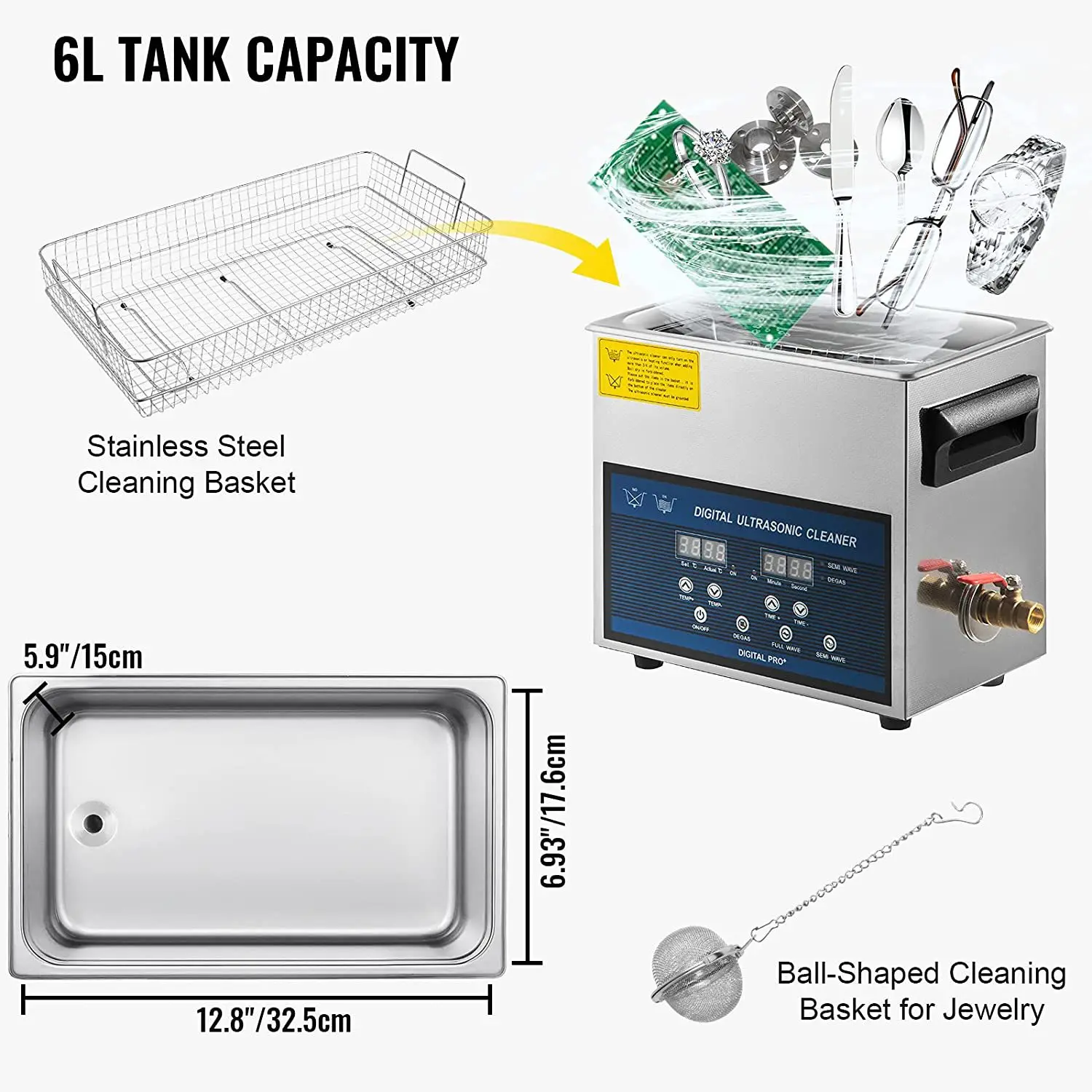 Ultrasonic Jewelry Cleaner Digital Timer - เครื่องทำความสะอาดอัลตราโซนิกแบบมืออาชีพ 6 ลิตร สำหรับทำความสะอาดเครื่องประดับ/แว่นตา/เครื่องมือ พร้อมตัวตั้งเวลาแบบดิจิตอล น้ำยาทำความสะอาดแว่นตาและเครื่องประดับสำหรับใช้ในบ้าน
